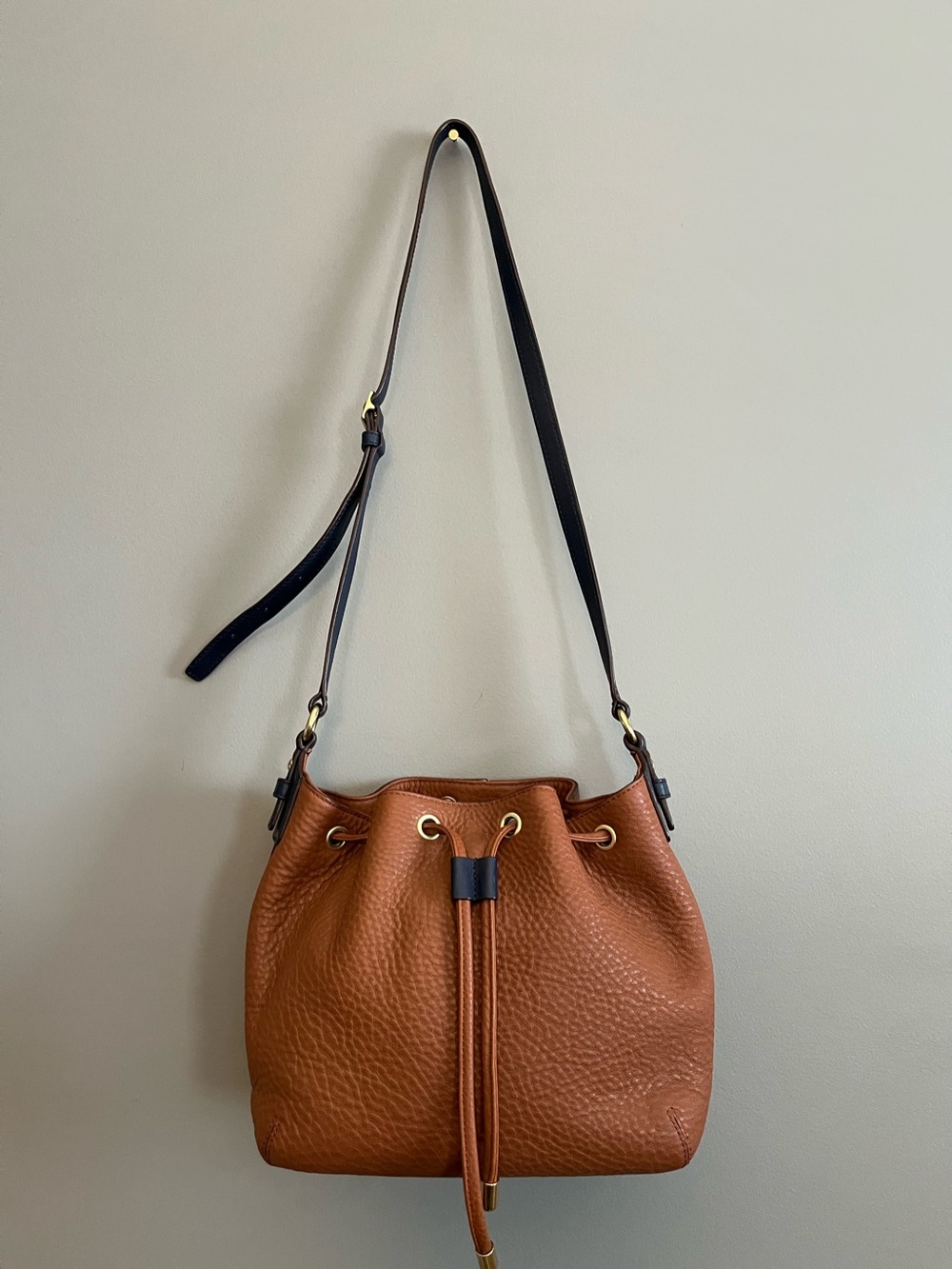 Coach Legacy Saddle Brown Drawstring Shoulder/Handbag With Dark Navy Blue Trim